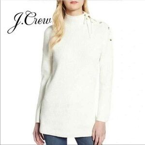 J.Crew White Ribbed Tunic Sweater Lace Tie Shoulder Size Medium